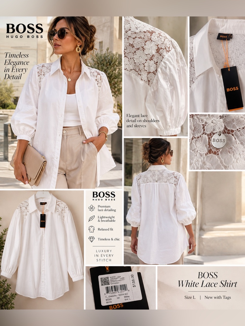 BOSS White Lace-Trim Button Down Shirt